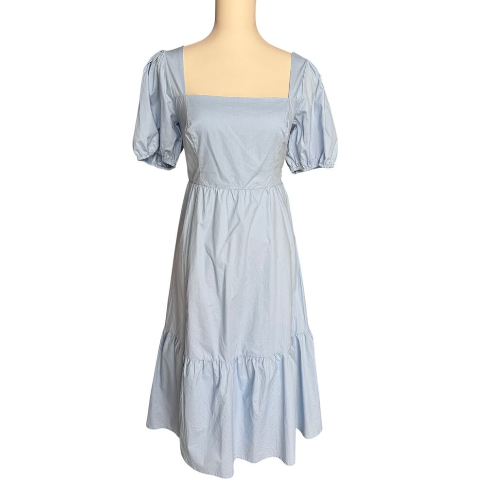 ASTR The Label Blue Cotton Puff Sleeve Smocked Back Midi Dress Size Medium